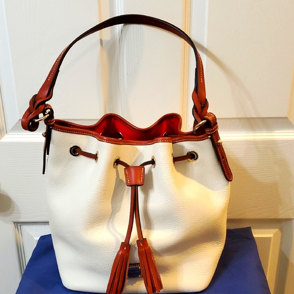 Dooney & Bourke Tasha Drawsting Elegant White and Brown Bucket Bag